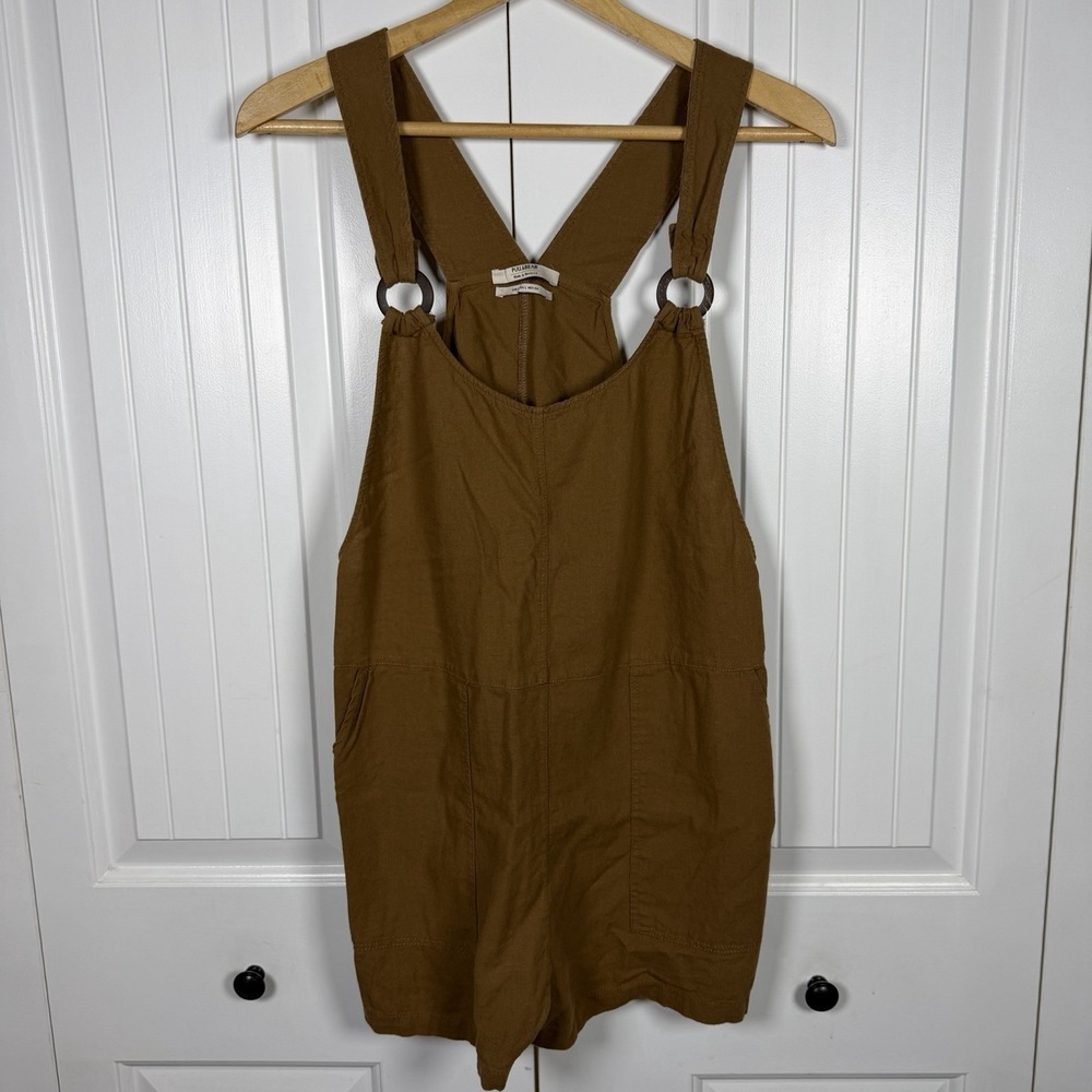 Pull&Bear Linen-Blend Dungaree Shirt Romper Women's Size Large Brown Pockets